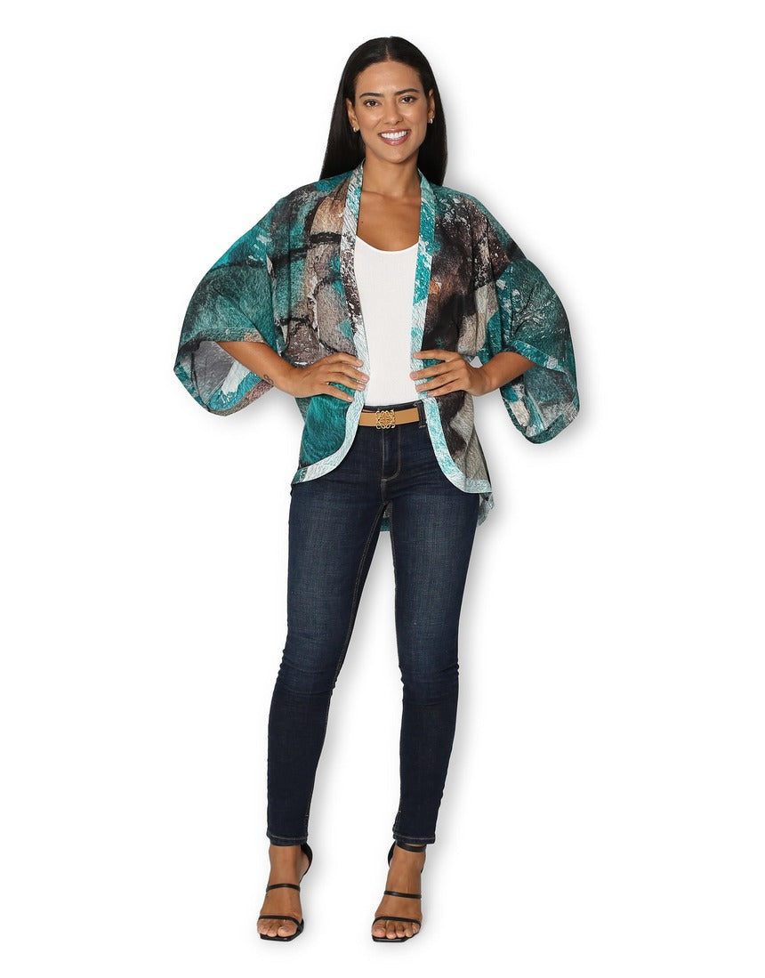 Front view of The Artists Label Winter Dance Silk Kimono showcasing its elegant design and luxurious silk fabric.