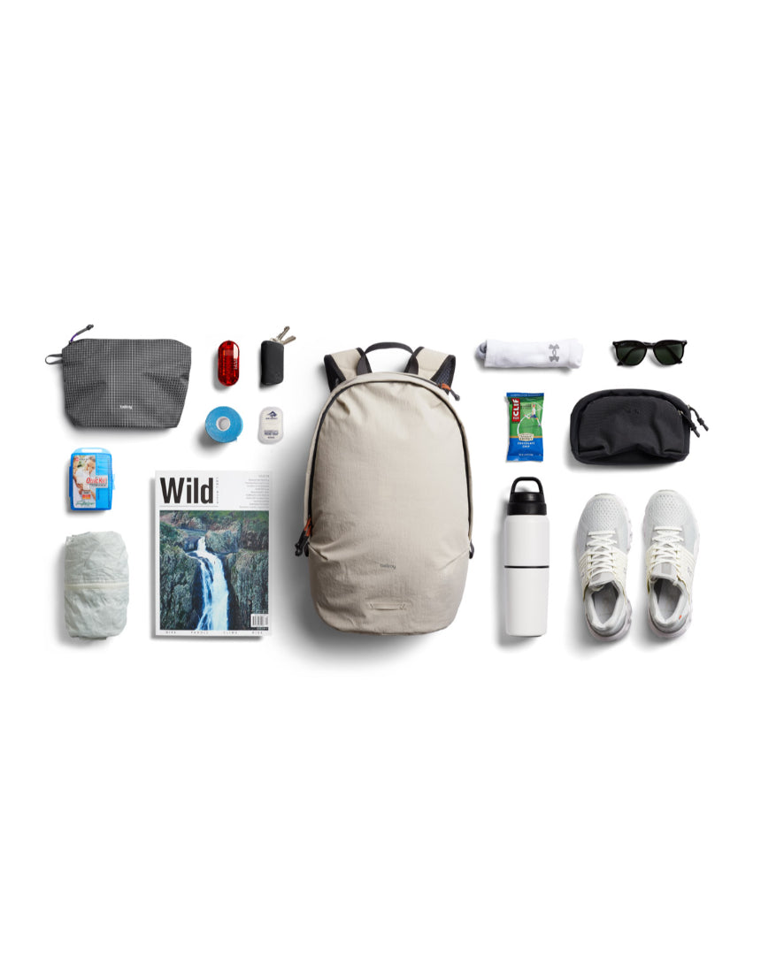 Bellroy Lite Daypack in Ash color, compact backpack with multiple compartments, ideal for daily use and urban commuting.