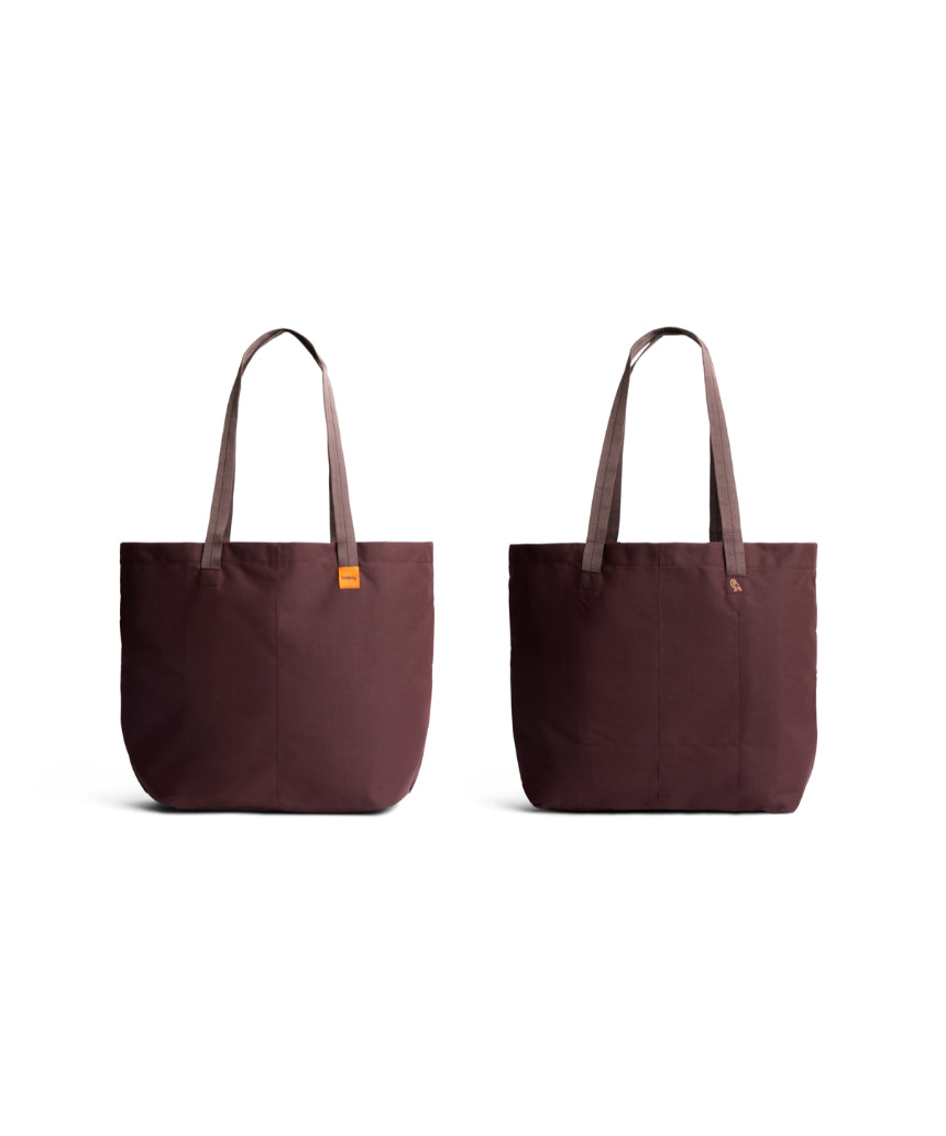 Bellroy Market Tote in burgundy with sturdy handles and spacious interior for carrying daily essentials.