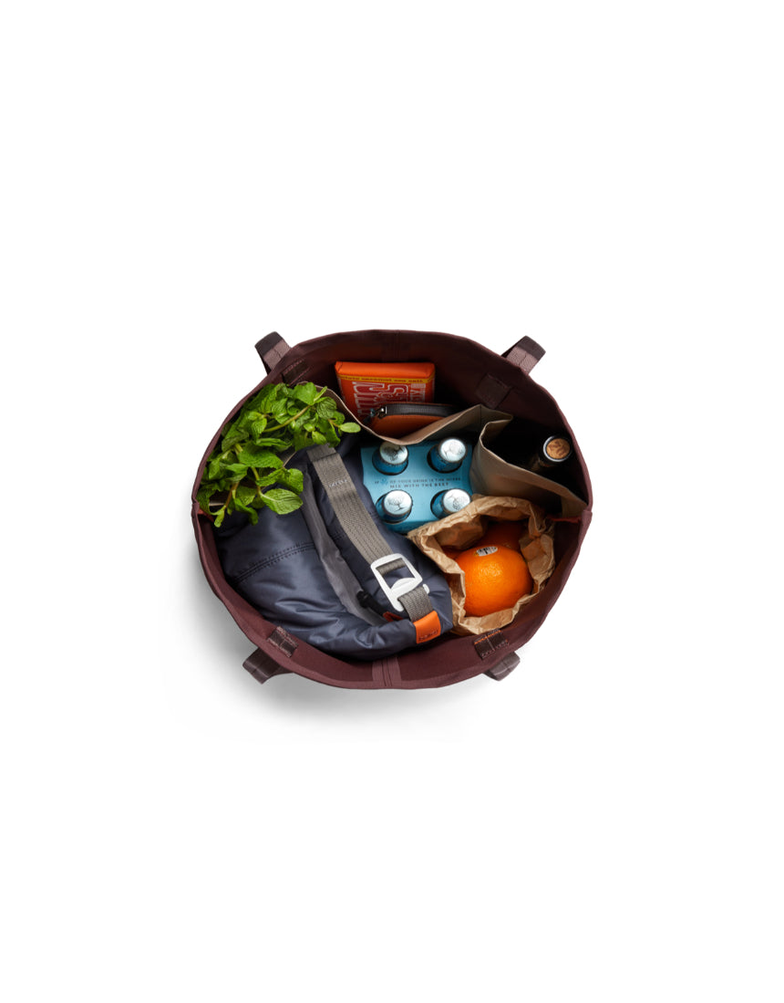 Bellroy Market Tote in burgundy, stylish and spacious tote bag with sturdy handles and minimalist design for everyday use.