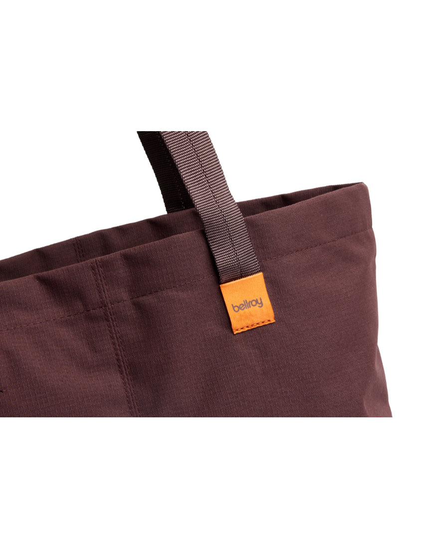 Bellroy Market Tote in Burgundy with spacious interior and sturdy handles, perfect for shopping and everyday use.