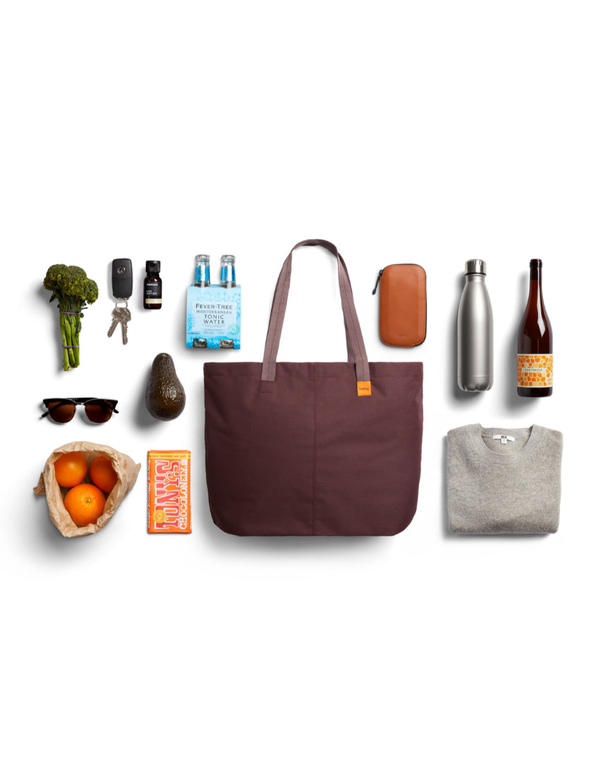 Bellroy Market Tote in Burgundy with sturdy handles and spacious interior, ideal for carrying daily essentials and shopping items.