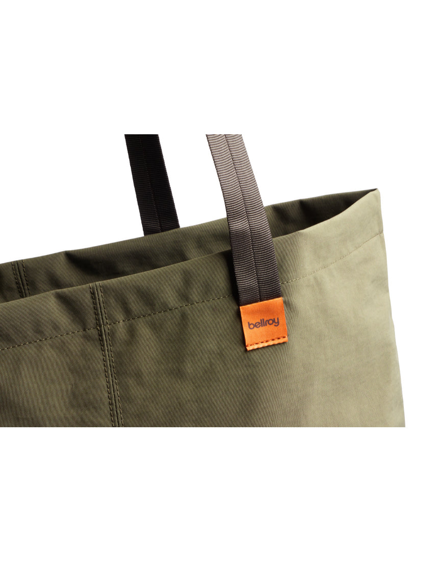 Bellroy Market Tote in Willow color, featuring durable fabric and spacious interior for carrying everyday essentials.