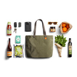 Bellroy Market Tote in Willow color, a spacious and stylish fabric shopping bag with leather handles and Bellroy branding.