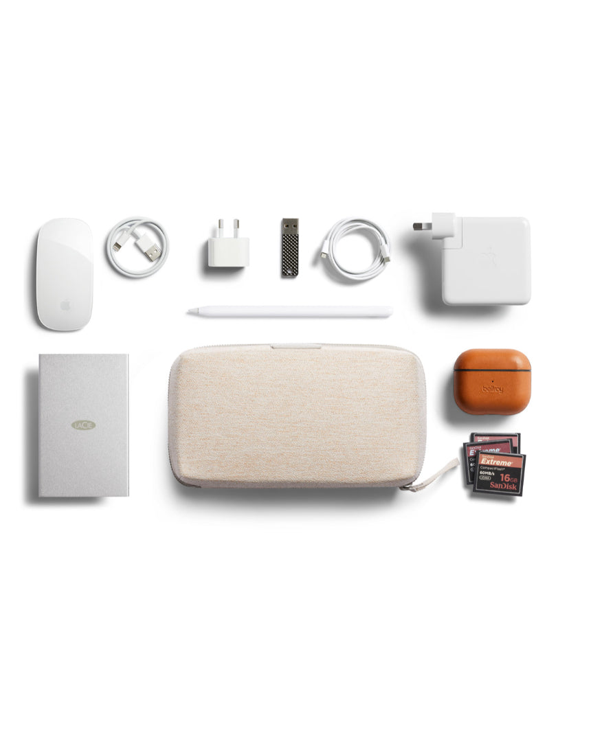 Bellroy Tech Kit Saltbush in black fabric with multiple compartments for organizing cables and accessories