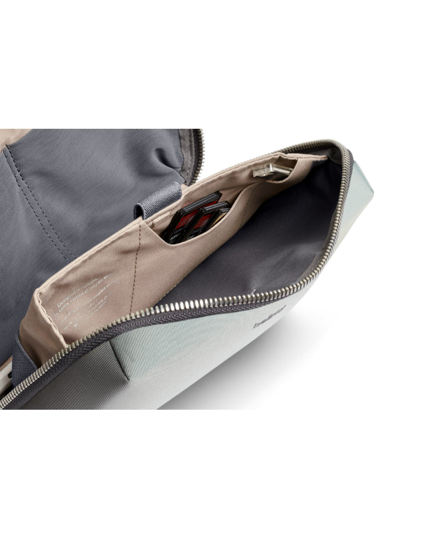 Bellroy Tech Kit in Eucalyptus with multiple compartments for organizing cables, chargers, and tech accessories.