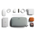 Bellroy Tech Kit in Eucalyptus with multiple compartments for organizing cables, chargers, and accessories.