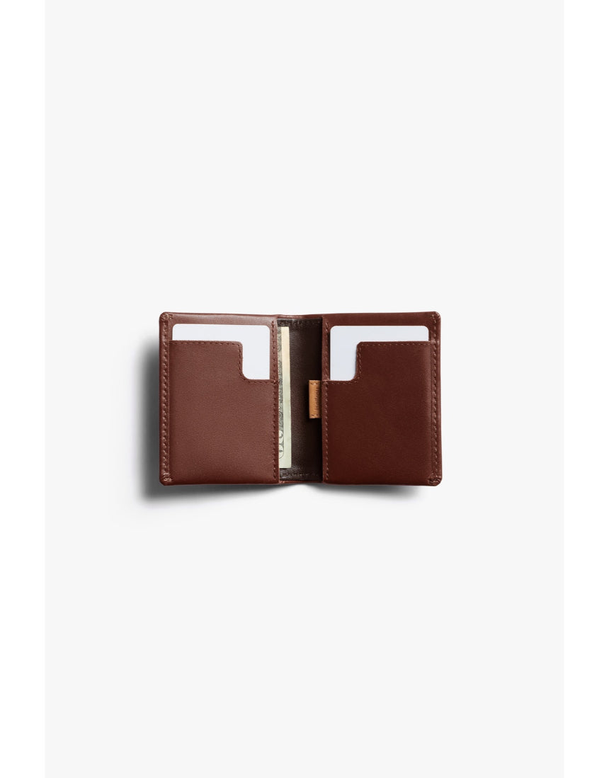 Bellroy Slim Sleeve wallet in Java Caramel leather, showing multiple card slots and sleek slim design.