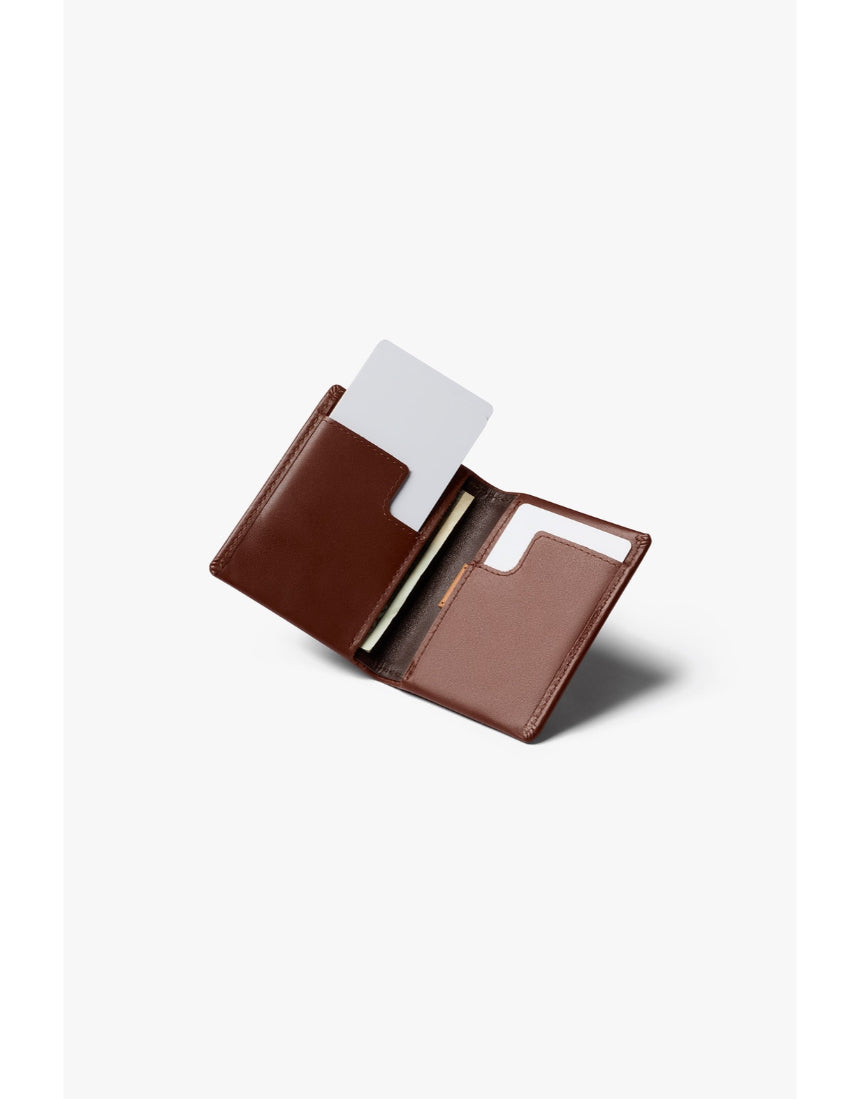 Bellroy Slim Sleeve wallet in Java Caramel leather, showing its compact design and rich caramel color.