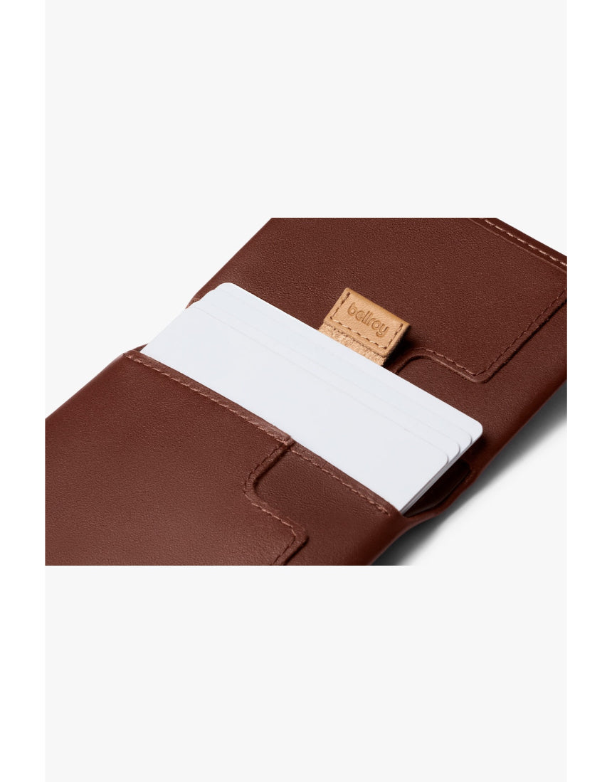 Bellroy Slim Sleeve wallet in Java Caramel leather, showing compact design with card slots and sleek finish.