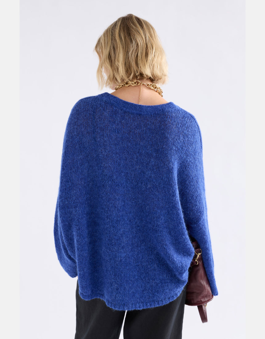Elk Agna Sweater in deep cobalt, a cozy knitted clothing piece with a relaxed fit and ribbed cuffs.