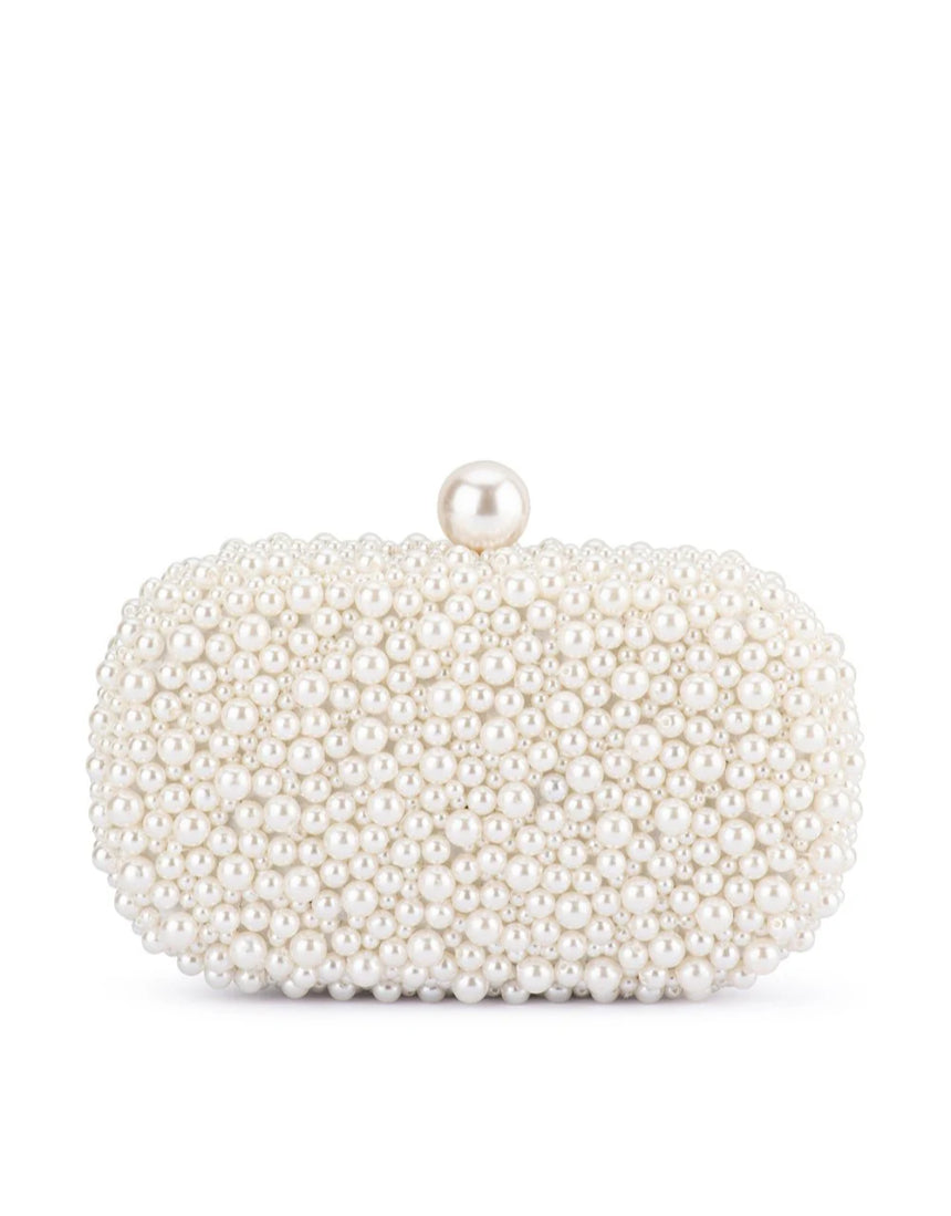 Olga Berg Valentina Pearl Clutch bag with pearl embellishments and elegant design, ideal for formal occasions.