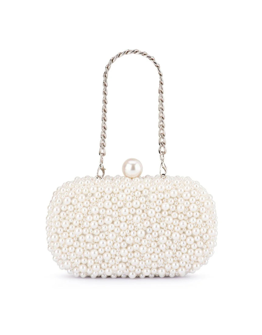 Olga Berg Valentina Pearl Clutch bag with a glossy pearl finish, elegant and compact for evening occasions.