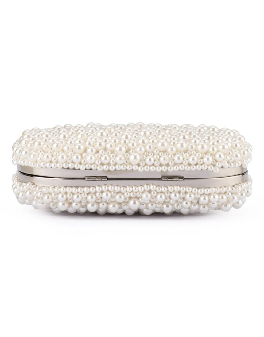 Olga Berg Valentina Pearl Clutch bag with pearl embellishments, elegant evening accessory for special occasions.