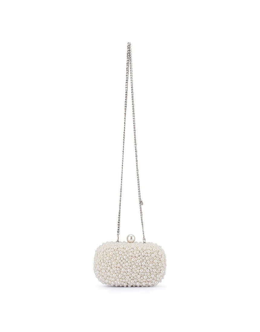 Olga Berg Valentina Pearl Clutch bag with elegant pearl embellishments and a sleek, compact design for evening occasions.