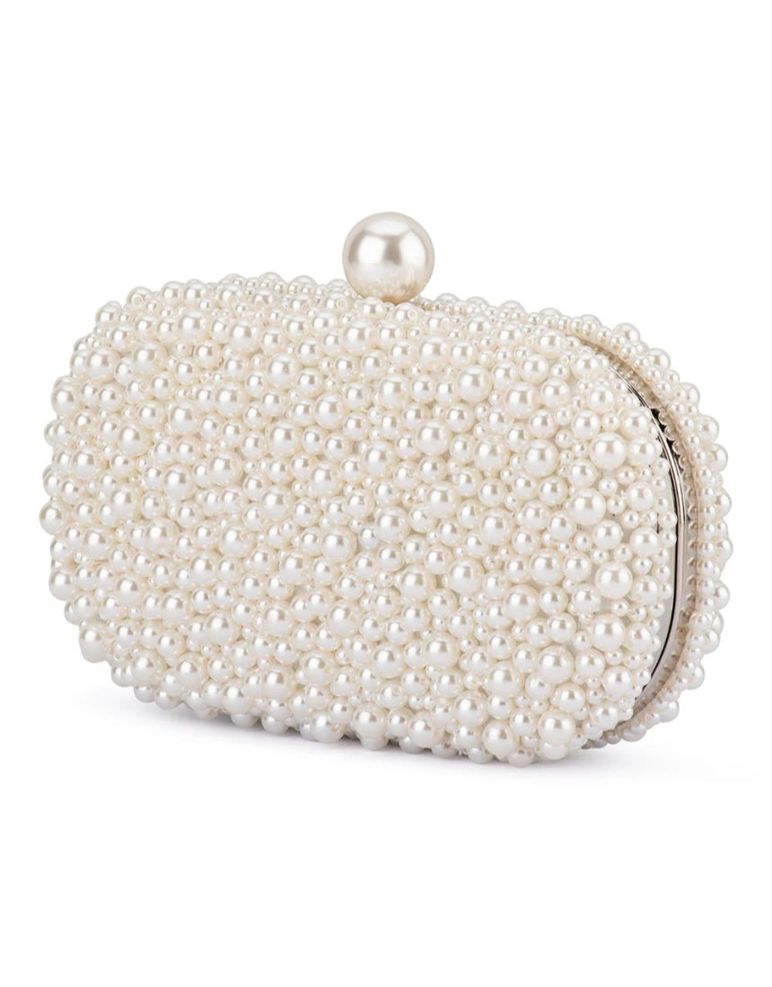Olga Berg Valentina Pearl Clutch bag with elegant pearl embellishments and a sleek rectangular design.