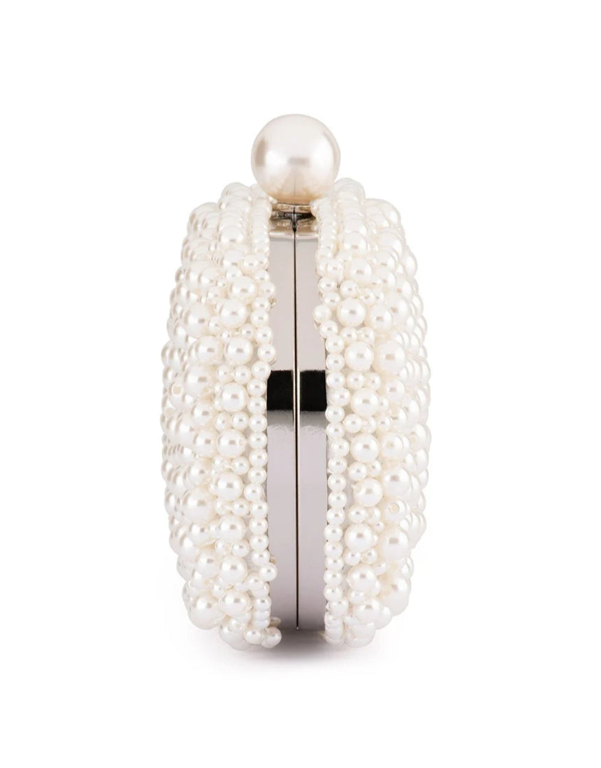 Olga Berg Valentina pearl clutch bag with a shimmering pearl finish and elegant design, perfect for formal occasions.