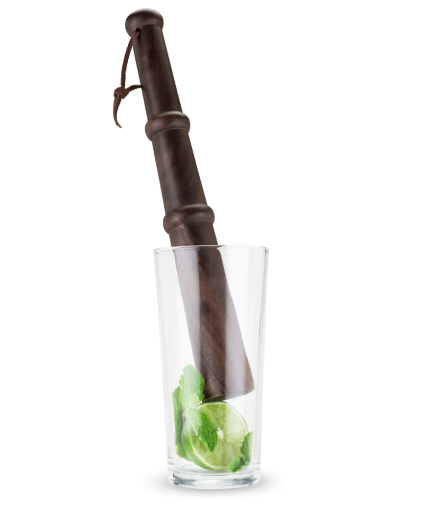 Viski 12-inch acacia wood muddler for cocktails, with textured grip for crushing herbs and fruit in drink mixing.