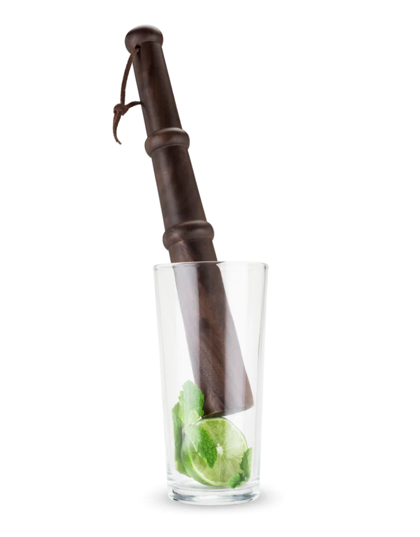 Viski 12-inch acacia wood muddler for cocktails, with textured grip for crushing herbs and fruit in drink mixing.