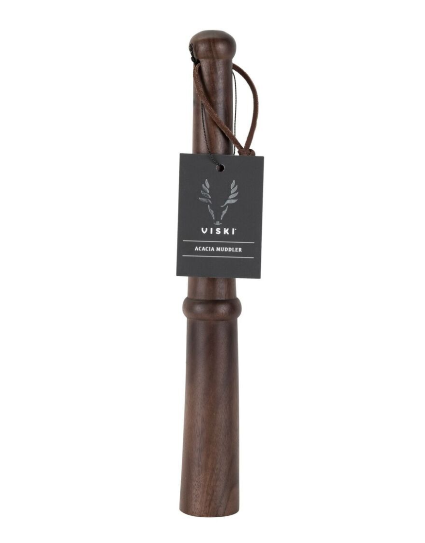Viski 12-inch acacia wood muddler for cocktails, featuring a smooth, natural wood finish for effective muddling in drinks.