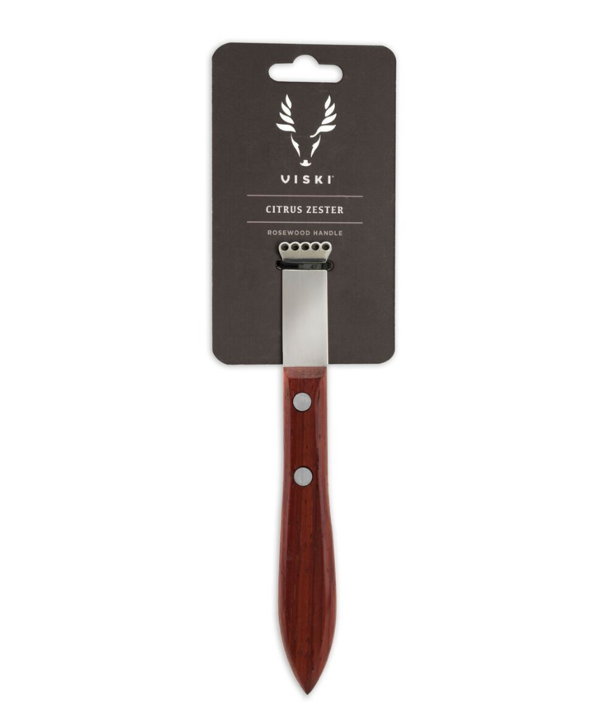 Viski Acacia Citrus Zester with ergonomic handle and stainless steel grating surface for zesting citrus fruits.
