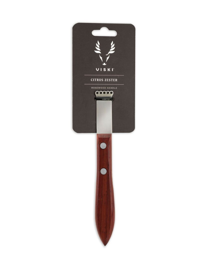 Viski Acacia Citrus Zester with ergonomic handle and stainless steel grating surface for zesting citrus fruits.