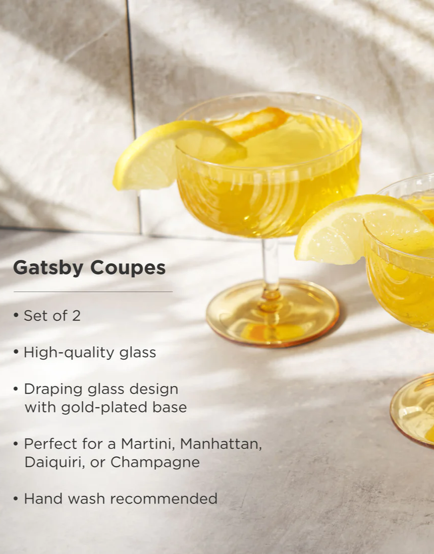 Viski Gatsby coupe glasses set with elegant, clear glass bowls and short stems for stylish cocktail presentation