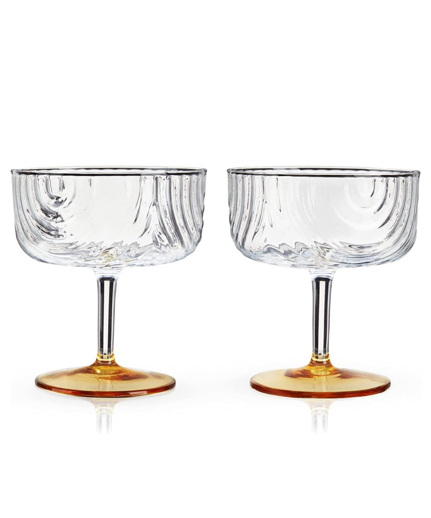 Pair of clear glass Viski Gatsby Coupes with elegant, rounded bowls, perfect for serving cocktails or whiskey.
