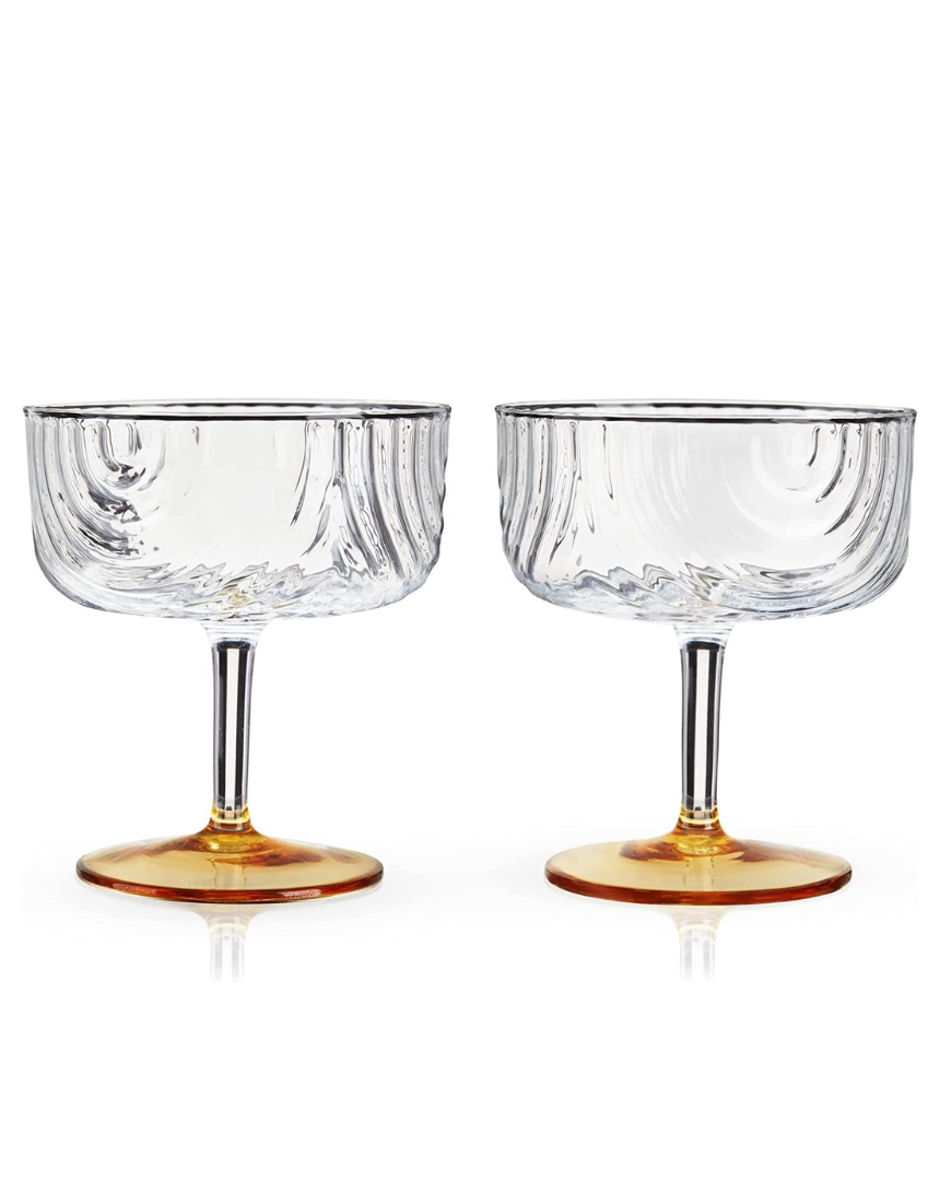 Pair of clear glass Viski Gatsby Coupes with elegant, rounded bowls, perfect for serving cocktails or whiskey.