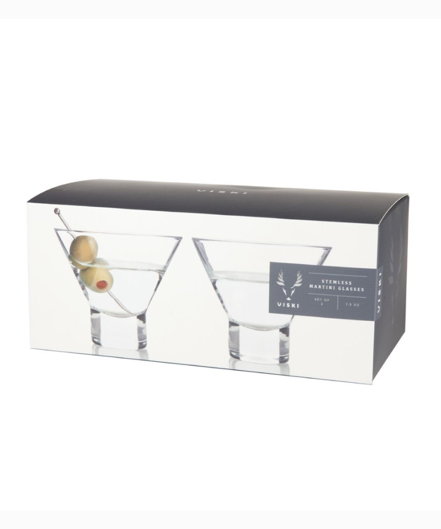 Set of two Viski heavy base crystal martini glasses with elegant stems and wide bowls for sophisticated cocktails.