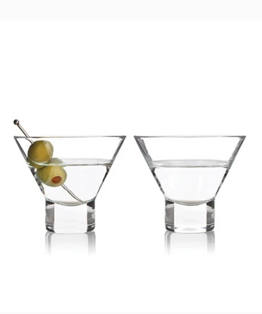 Two Viski heavy base crystal martini glasses set, clear with thick sturdy bases, elegant for serving cocktails.