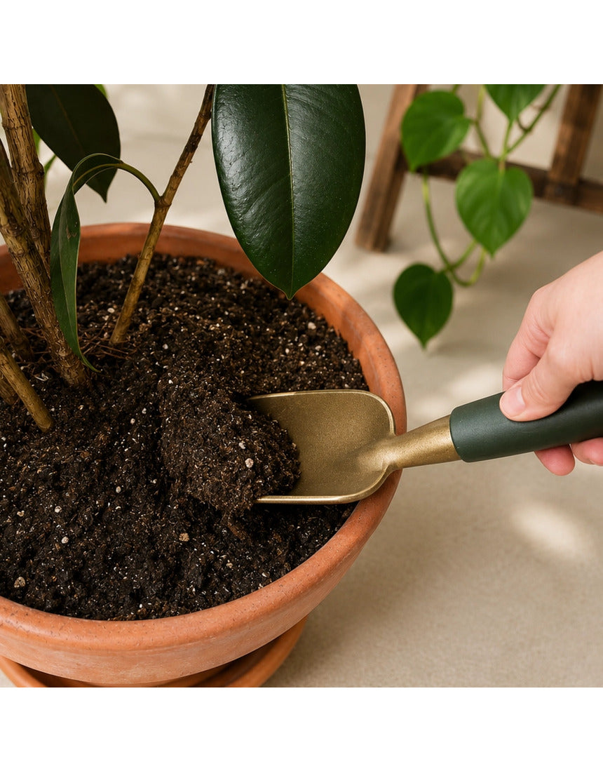 Green We The Wild hand trowel garden tool with a wooden handle and metal scoop for planting and gardening tasks.