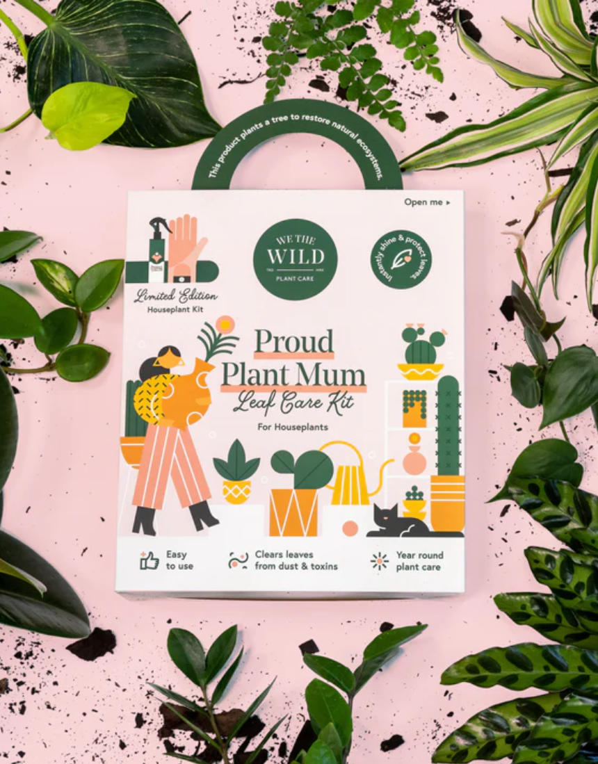 We The Wild Proud Plant Mum Leaf Health Kit featuring natural plant care products in eco-friendly packaging.