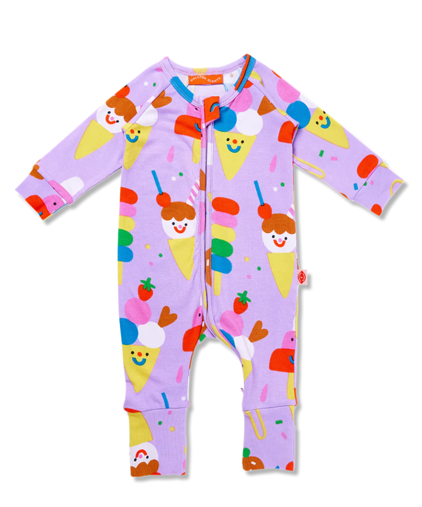 Baby Halcyon Nights Sundae Funday long sleeve zip suit in pastel colors with playful ice cream cone and cherry print.
