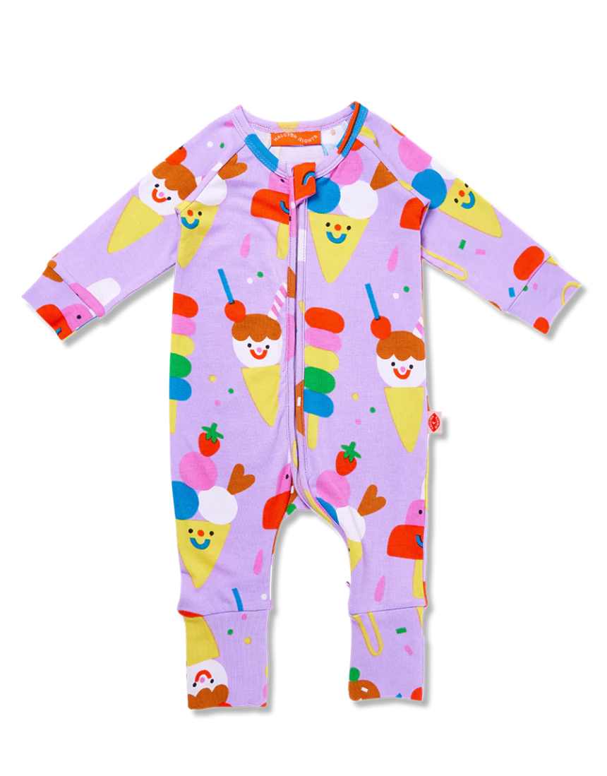 Baby Halcyon Nights Sundae Funday long sleeve zip suit in pastel colors with playful ice cream cone and cherry print.