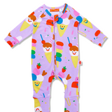 Baby Halcyon Nights Sundae Funday long sleeve zip suit in pastel colors with playful ice cream cone and cherry print.