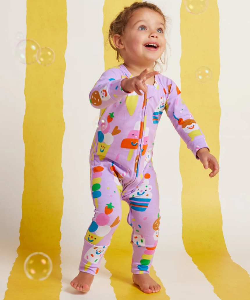 Baby Halcyon Nights Sundae Funday long sleeve zip suit with colorful ice cream and sprinkles design on soft fabric.