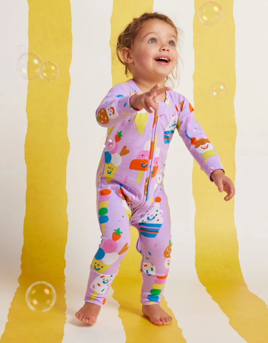Baby Halcyon Nights Sundae Funday long sleeve zip suit with colorful ice cream and sprinkles design on soft fabric.