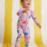 Baby Halcyon Nights Sundae Funday long sleeve zip suit with colorful ice cream and sprinkles design on soft fabric.