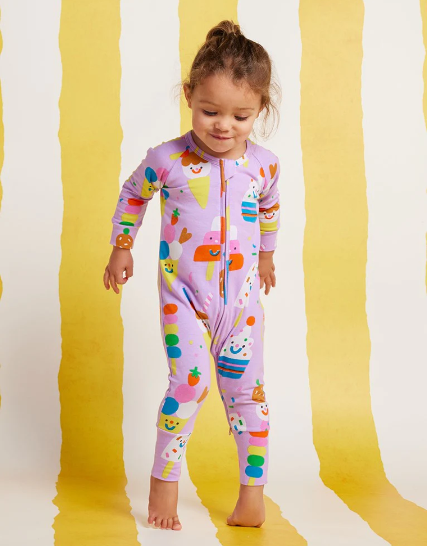 Baby Halcyon Nights Sundae Funday long sleeve zip suit with colorful ice cream and sundae print, soft and comfortable for infants.