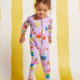 Baby Halcyon Nights Sundae Funday long sleeve zip suit with colorful ice cream and sundae print, soft and comfortable for infants.