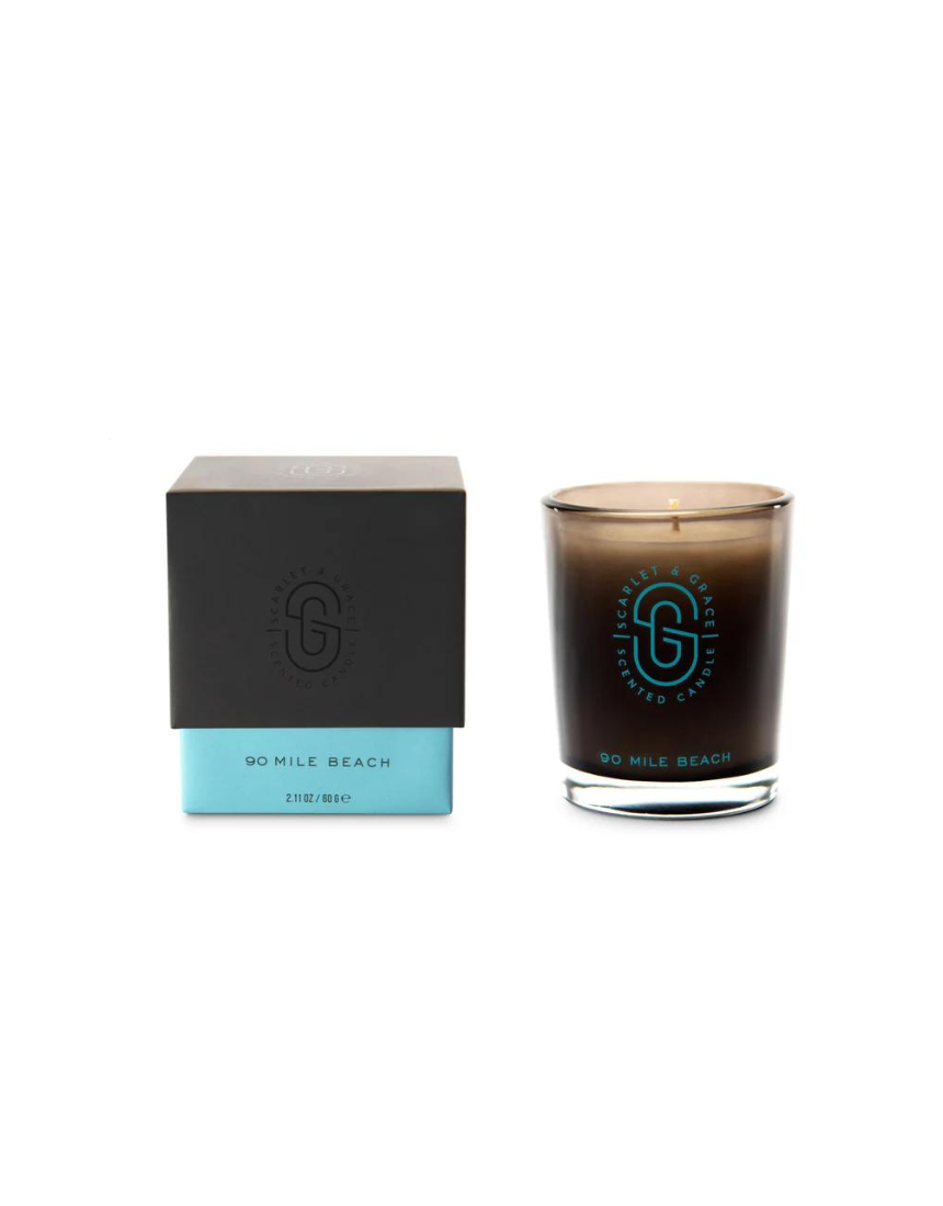 Scarlet & Grace 90 Mile Beach 60g candle with a white jar and label, featuring a seaside-inspired design and natural wax finish.