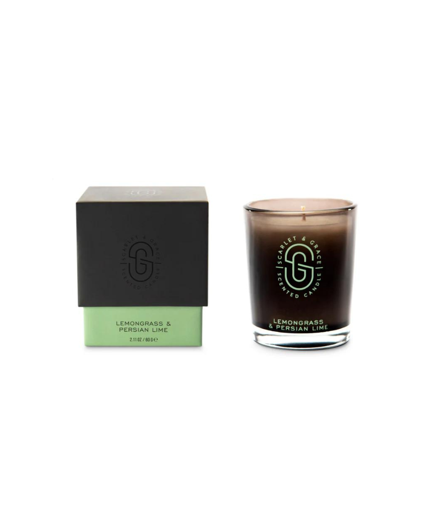 Scarlet & Grace Lemongrass and Persian Lime scented candle in a 60g glass jar with a natural wick.