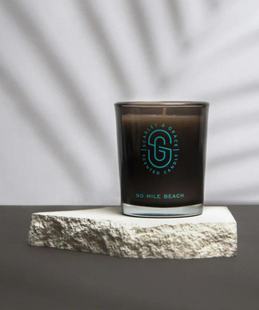 Scarlet & Grace 90 Mile Beach 60g candle with a white jar and minimalist label, designed for home decor and relaxing ambiance.