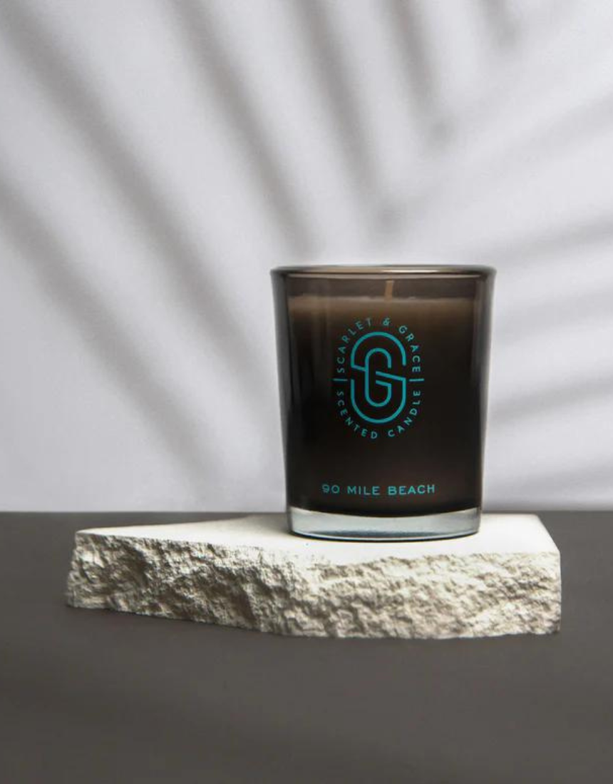 Scarlet & Grace 90 Mile Beach 60g candle with a white jar and minimalist label, designed for home decor and relaxing ambiance.