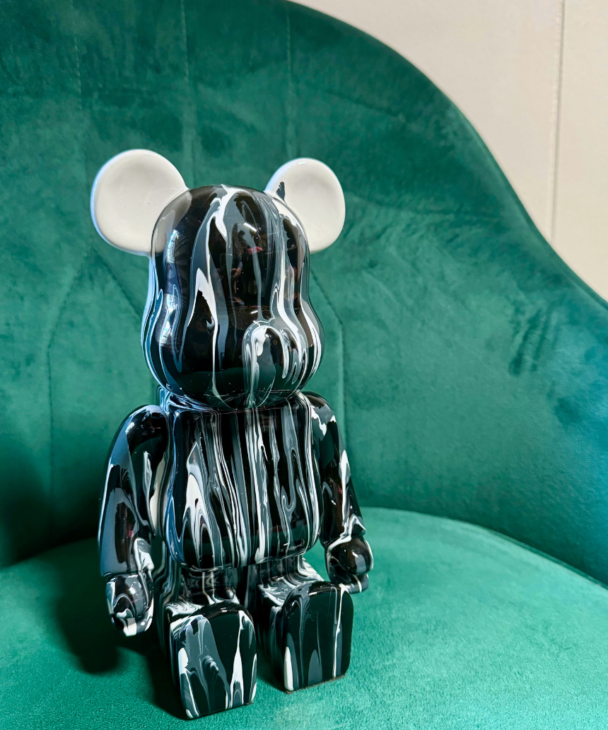 Roshi Splash Bear in white and black with splash design, featuring a playful bear graphic on a stylish casual shirt.