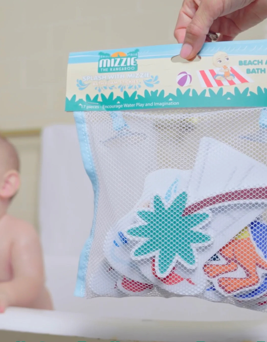 Mizzie the Kangaroo bath foam stickies in a baby gift set, colorful foam shapes designed for bath time fun and gentle cleansing.