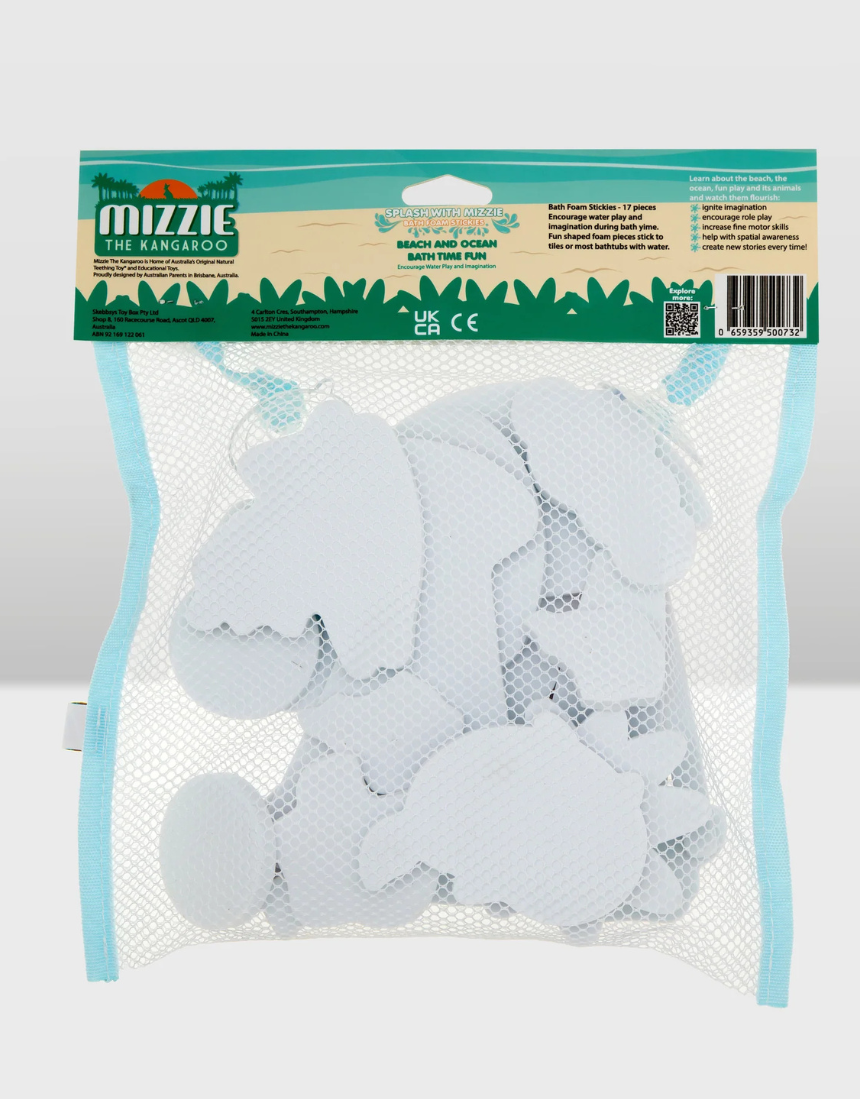 Mizzie the Kangaroo bath foam stickies set for babies, colorful and safe for gentle bath time fun with Mizzie the Kangaroo branding.