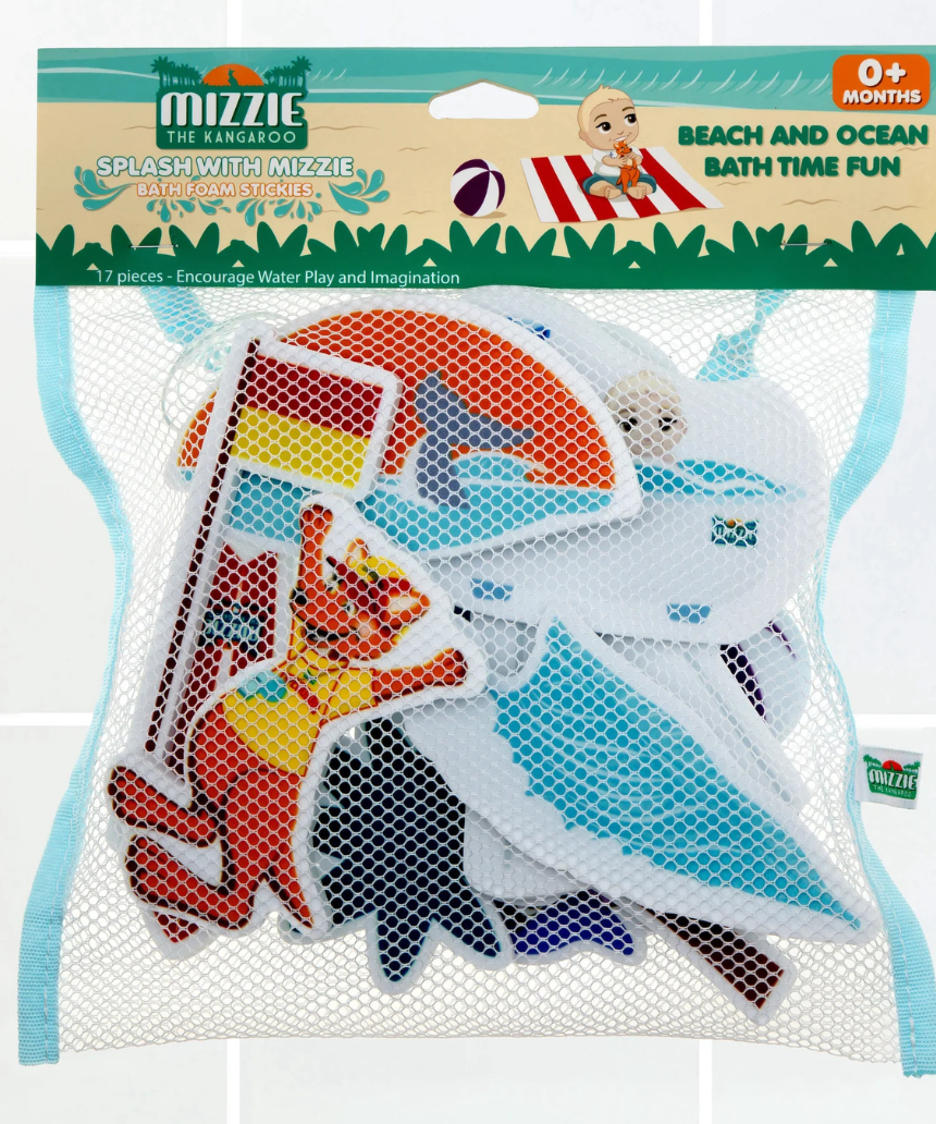 Mizzie the Kangaroo baby gift set with bath foam stickies featuring Mizzie the Kangaroo, ideal for baby bath time fun.
