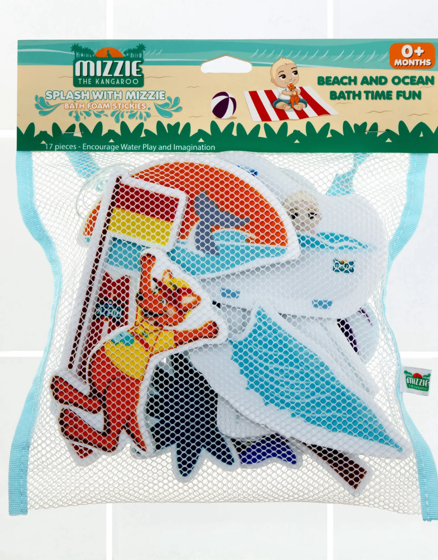 Mizzie the Kangaroo baby gift set with bath foam stickies featuring Mizzie the Kangaroo, ideal for baby bath time fun.